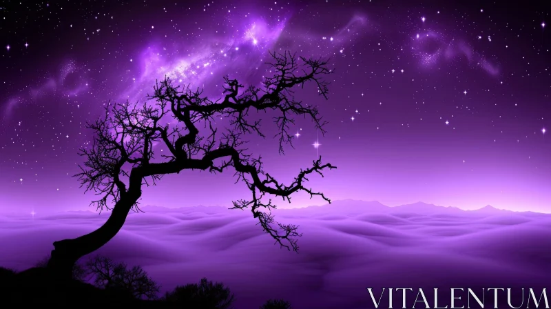 Enchanting Purple Night Landscape with Tree and Moon AI Image