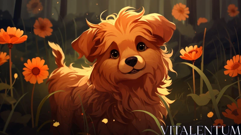 Fluffy Dog in Field of Flowers AI Image