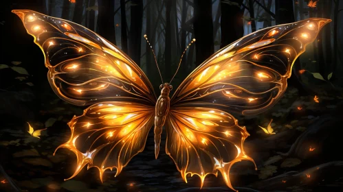 Glowing Butterfly Painting in Dark Forest