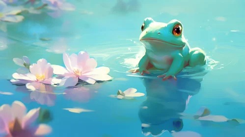 Green Frog on Pink Lily Pad in Blue Pond