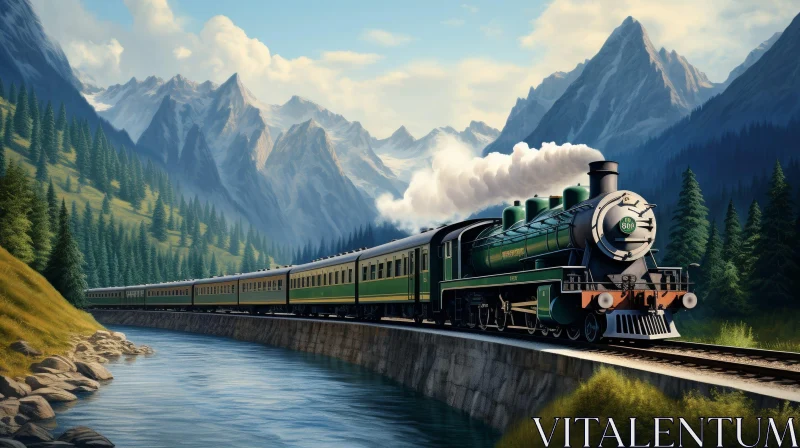 AI ART Green Steam Locomotive Pulling Passenger Cars Through Mountainous Valley