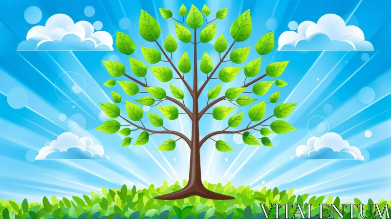 AI ART Green Tree Illustration Against Blue Sky