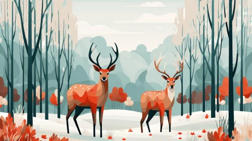 Red Deer in Snowy Forest Vector Illustration