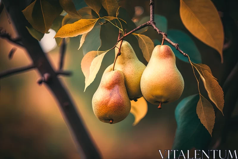 Tender Depiction of Nature: Three Pears Hanging from a Tree Branch AI Image