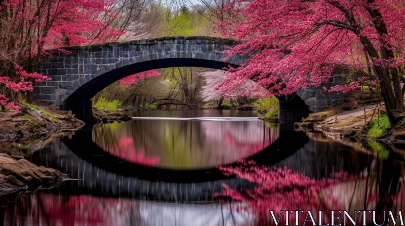 Tranquil Stone Bridge Landscape with Cherry Trees AI Image