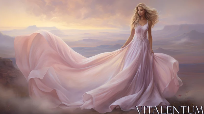 Woman in Pink Dress on Cliff Painting AI Image