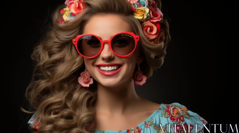 Young Woman in Floral Wreath and Sunglasses AI Image
