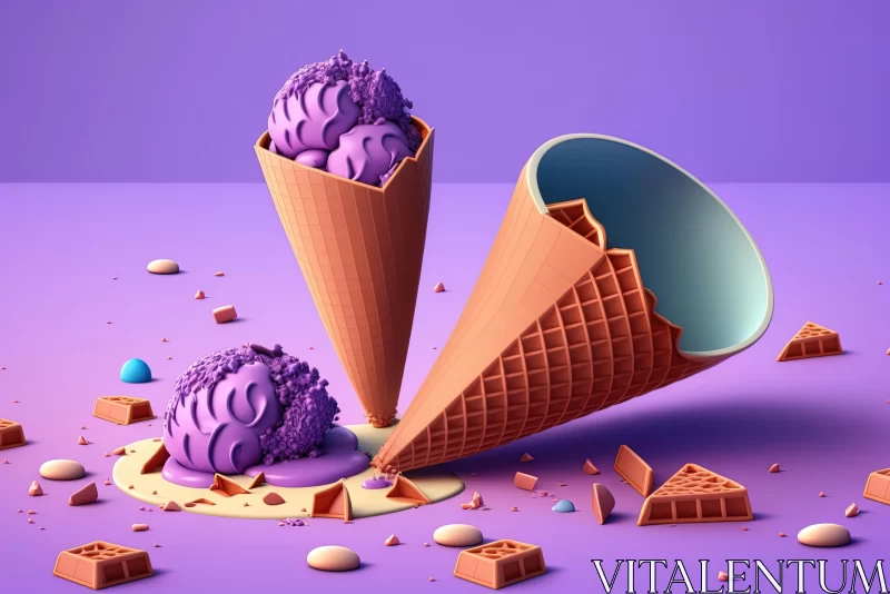 Broken Ice Cream Cone on Vibrant Purple Background with Candy AI Image