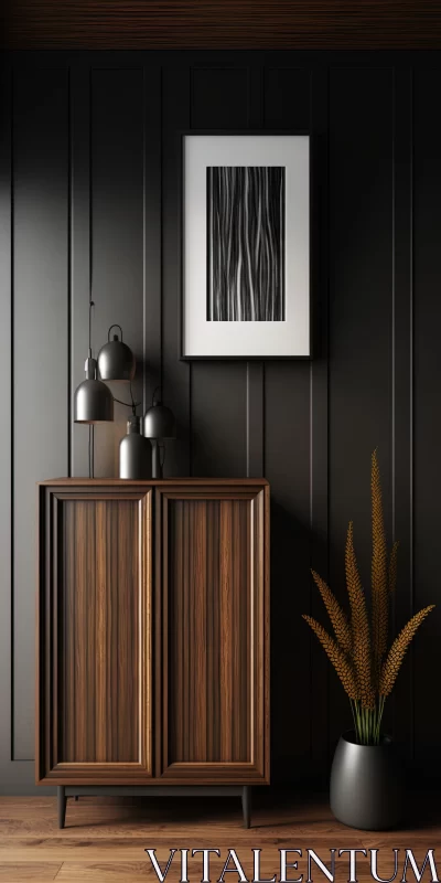 Captivating Wooden Cabinet and Plant on Black Wall - Realistic Portrayal of Light and Shadow AI Image