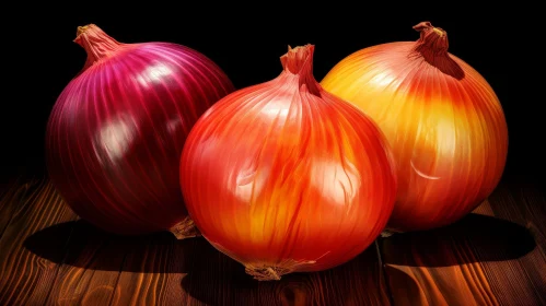 Colorful Onions on Wooden Table