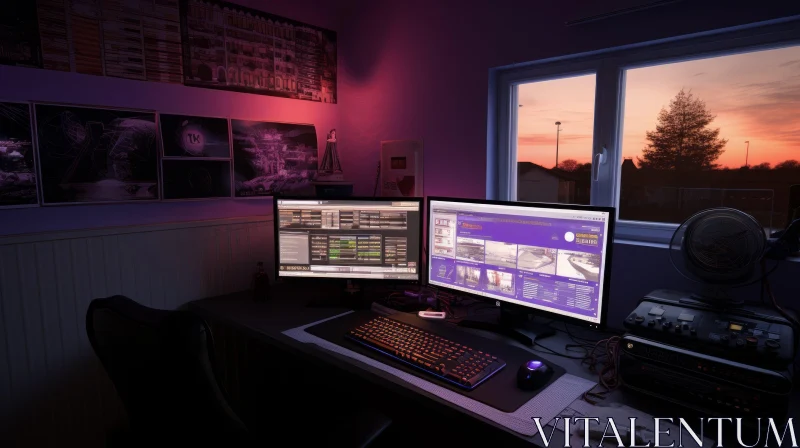 AI ART Cozy Home Office with Computer Monitors and Sunset Glow