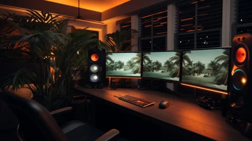 Dark Gaming Room with Tropical Beach Monitors AI Image