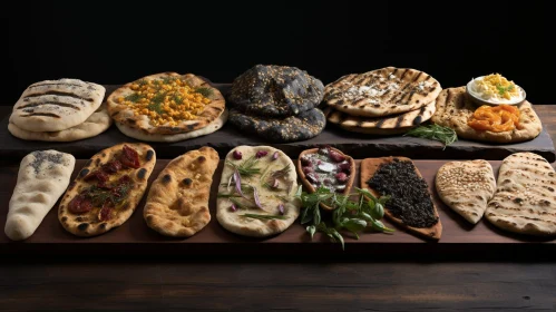 Delicious Flatbreads Variety on Wooden Table