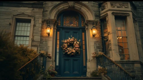 Enchanting Blue Door with Flower Wreath