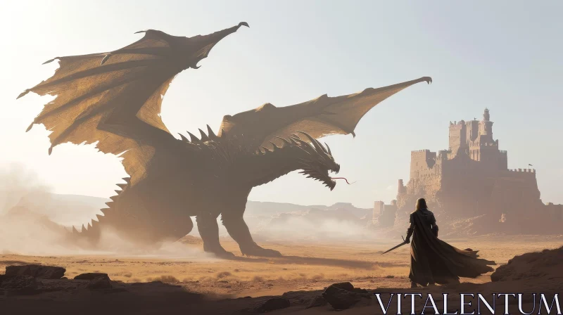 Epic Dragon vs Knight Battle in Desert AI Image