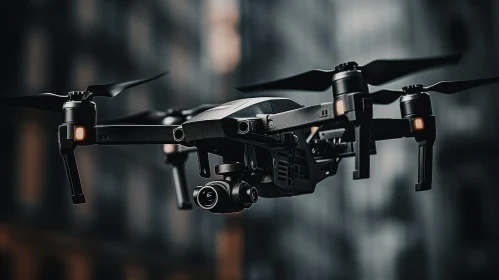 Modern Black Professional Drone Hovering in Cityscape