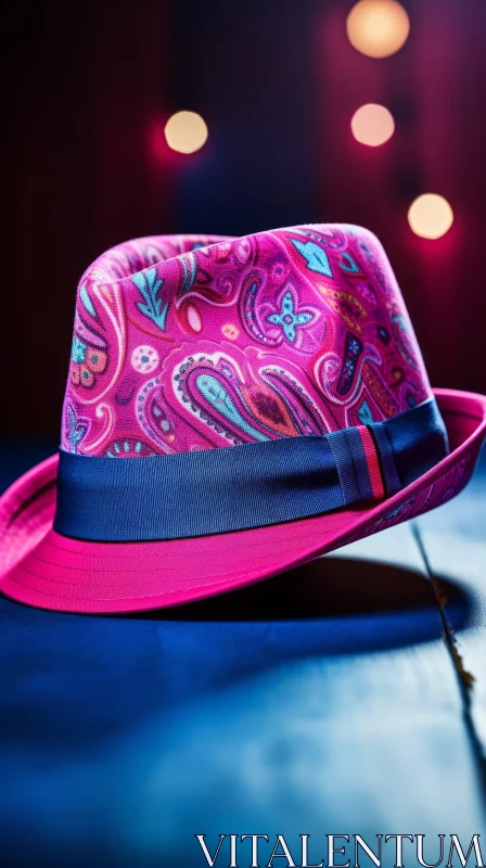 Stylish Pink Paisley Hat on Dark Blue Table AI Image