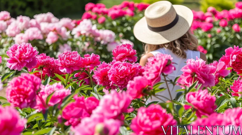 Woman in Field of Pink Peonies - Nature Beauty AI Image