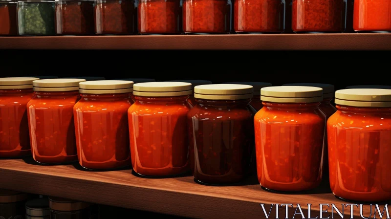 Wooden Shelf with Rows of Red Sauce Jars AI Image