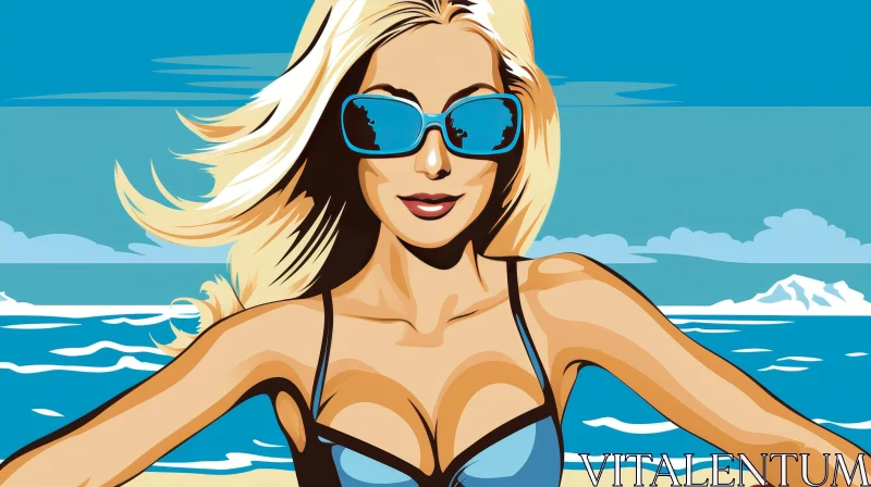 Beautiful Blonde Woman on Beach Illustration AI Image