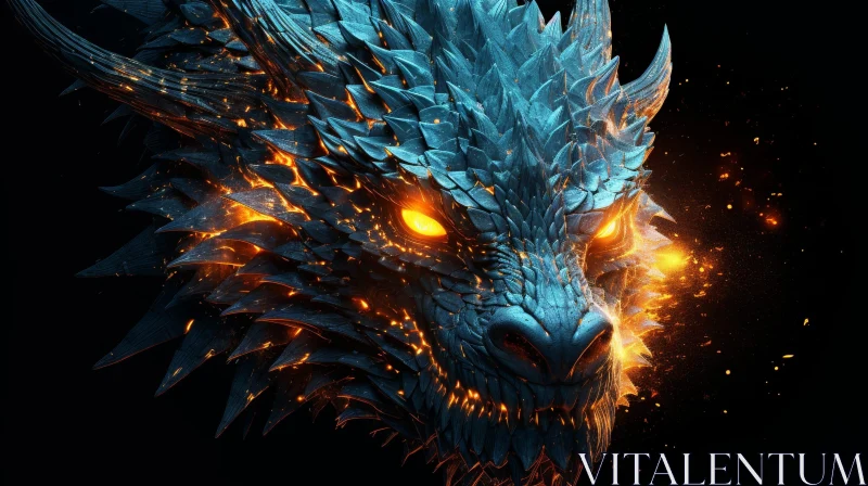 AI ART Blue Dragon 3D Rendering with Glowing Orange Eyes