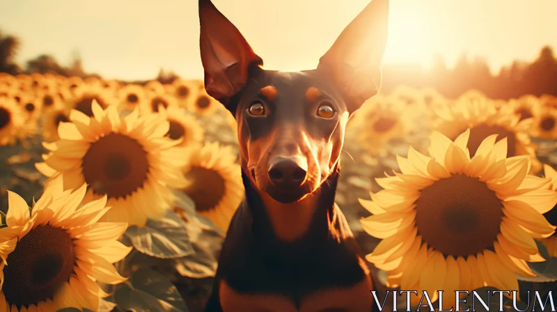 Brown Dog in Sunflower Field at Sunset AI Image