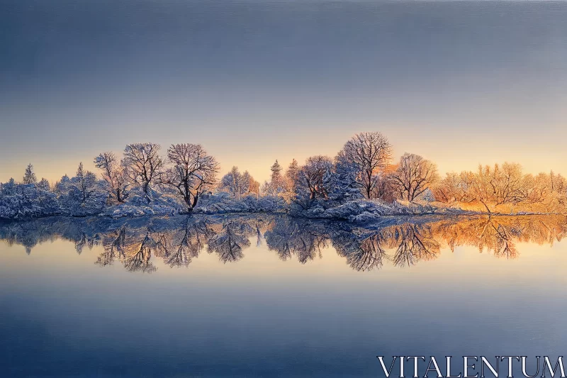 Captivating Snowy Landscape with Reflecting Trees in a Serene Lake AI Image