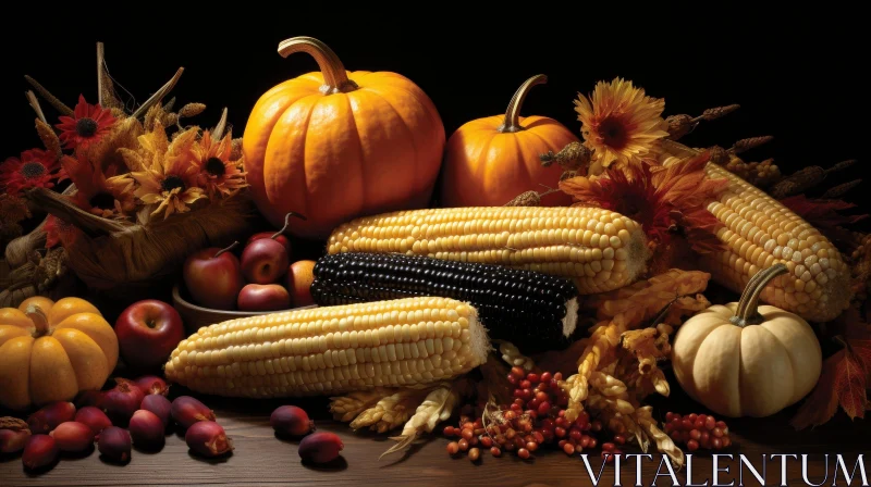Fall Harvest Still Life - Pumpkin, Apples, Corn AI Image