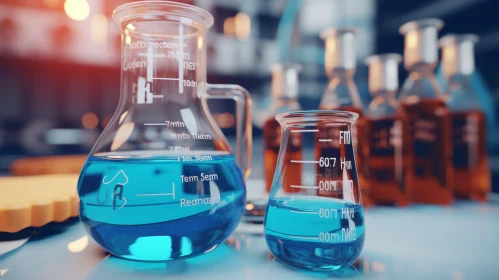 Glass Beakers with Blue Liquid - Laboratory Experiment
