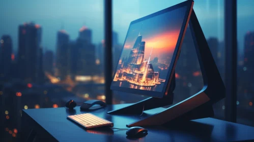 Modern Computer Setup in Cityscape at Night AI Image