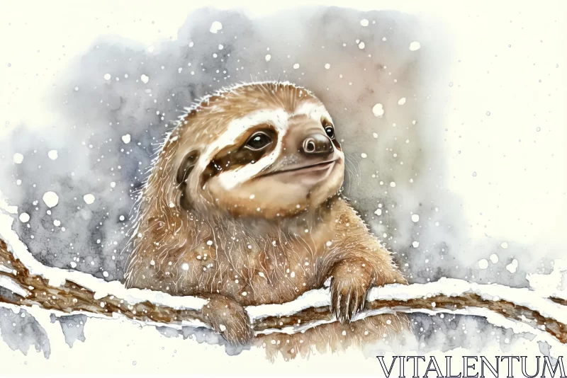 Realistic Yet Stylized Sloth in Snow - Watercolor Painting by Aliya Kornsia AI Image