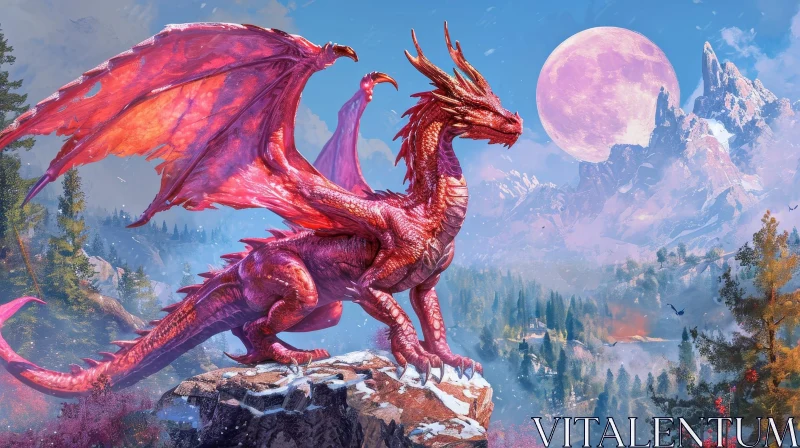 Red Dragon in Mountainous Landscape - Digital Painting AI Image