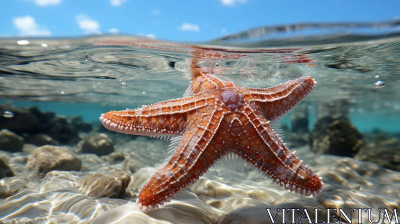 Red Starfish in Clear Blue-Green Water AI Image