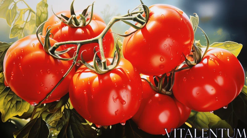 AI ART Ripe Red Tomatoes with Green Leaves - Fresh Nature Scene
