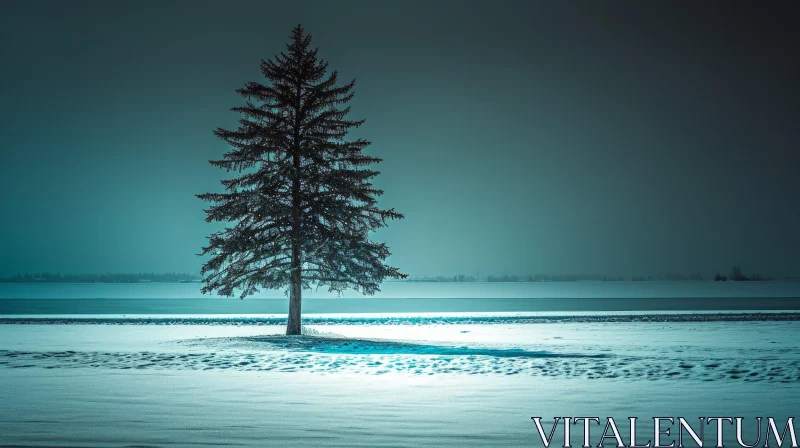 Solitary Spruce Tree on Frozen Lake AI Image