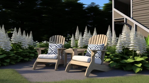 Tranquil Garden Scene with Wooden Armchairs and Flowers