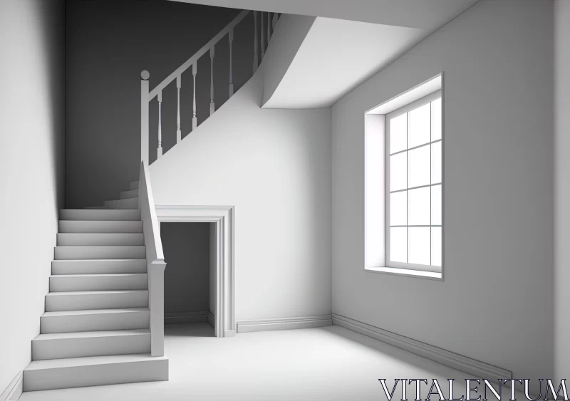 Whimsical Minimalism: An Empty Room with Stairs and Window in Dark Gray and White AI Image