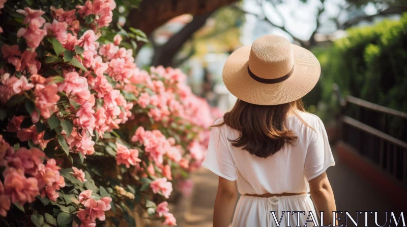 AI ART Woman in White Dress Walking Through Pink Flower Garden
