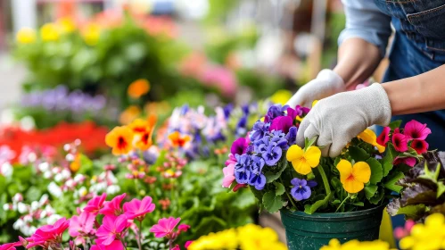 Woman Planting Colorful Flowers - Gardening Composition