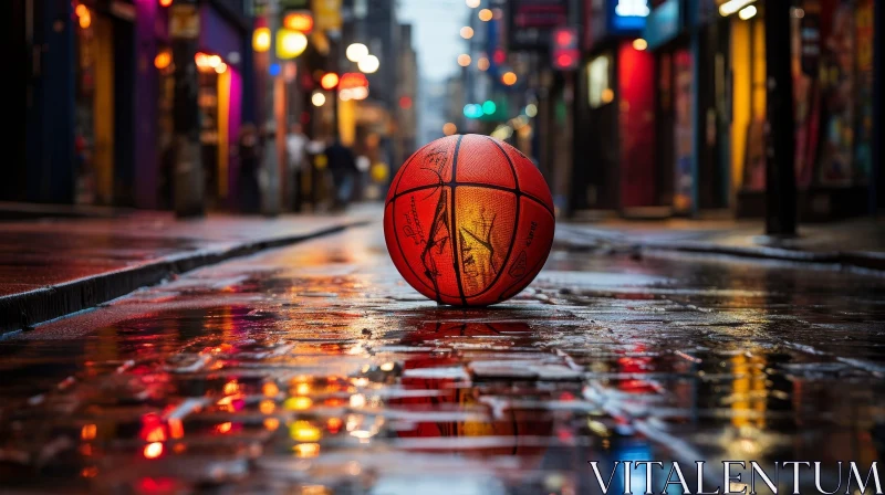 AI ART Basketball on Wet City Street at Night