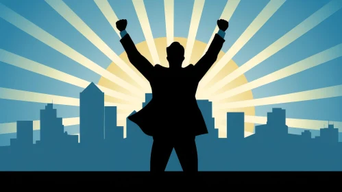 Businessman Triumphing in City Vector Illustration