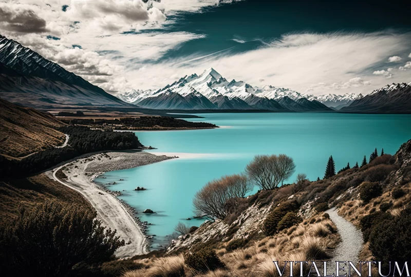 Captivating New Zealand Landscape Photography | Serene Blue Lake and Majestic Mountains AI Image
