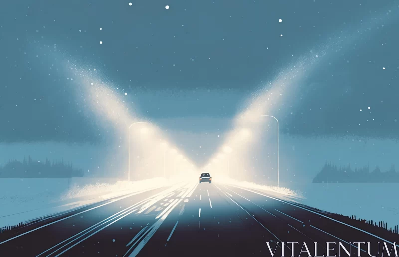 Captivating Winter Highway Illustration with Atmospheric Light AI Image