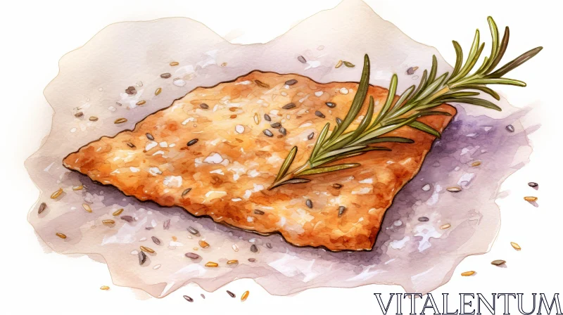 Golden Brown Cracker with Rosemary - Watercolor Illustration AI Image