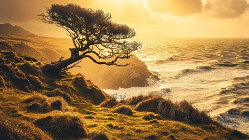 Majestic Tree on Cliff Overlooking Sea at Sunset