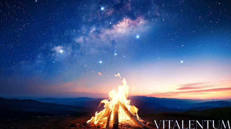 Night Landscape with Bonfire and Starry Sky AI Image