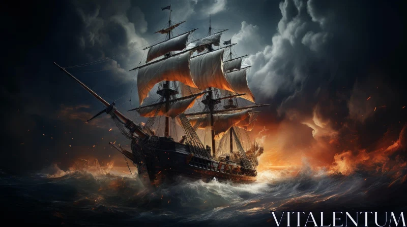 Pirate Ship Adventure in Moonlit Storm on the Sea AI Image