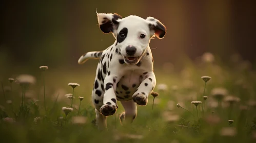 Playful Dalmatian Puppy Running in Green Field with White Flowers