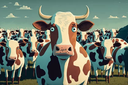Retro-Futuristic Cows on a Grassy Field | Detailed Character Expressions