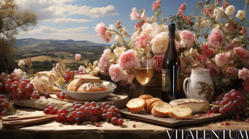 Rustic Table Setting with Wine, Bread, and Grapes AI Image